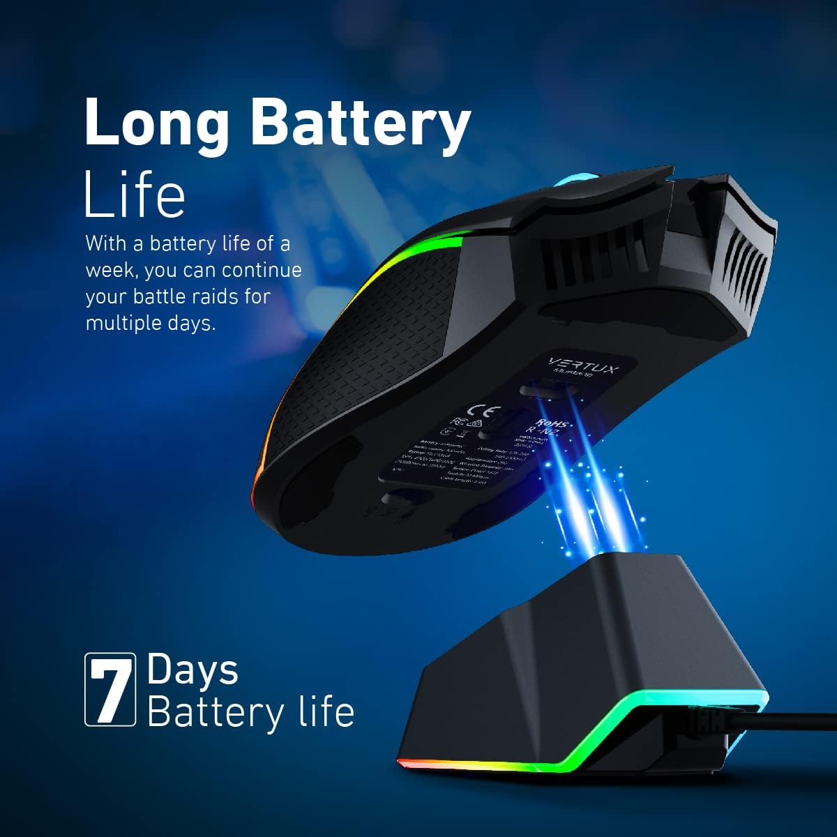 Vertux Mustang Wireless Gaming Mouse Charging Dock 1000 DPI Optical Sensor 7 Programmable Buttons RGB Light Wireless Gaming Mouse Long Battery Gaming Mouse Black Vertux Mustang Wireless Gaming Mouse Charging Dock 1000 DPI Optical Sensor 7 Programmable Buttons RGB Light Wireless Gaming Mouse Long Battery Gaming Mouse Black
